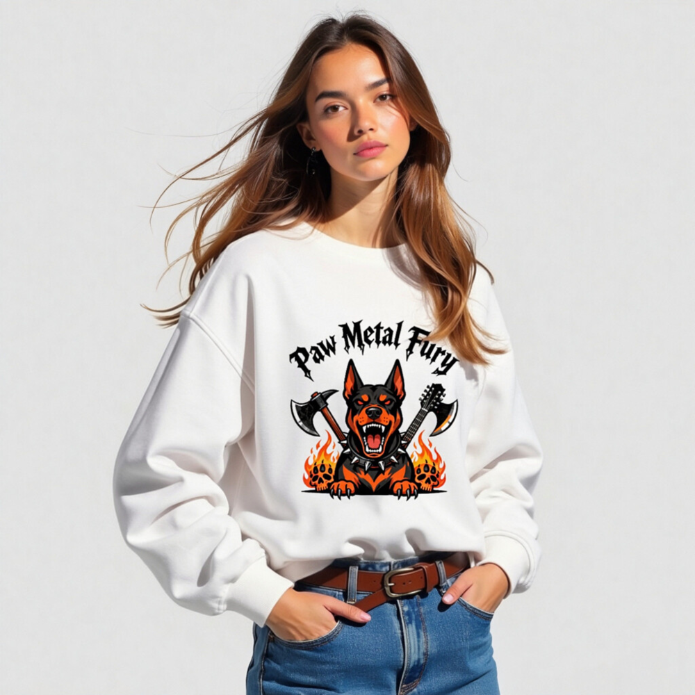 Paw Metal Fury Unisex Organic Sweatshirt - Black & Orange Doberman with Axes, Flames & Skulls - Image 5