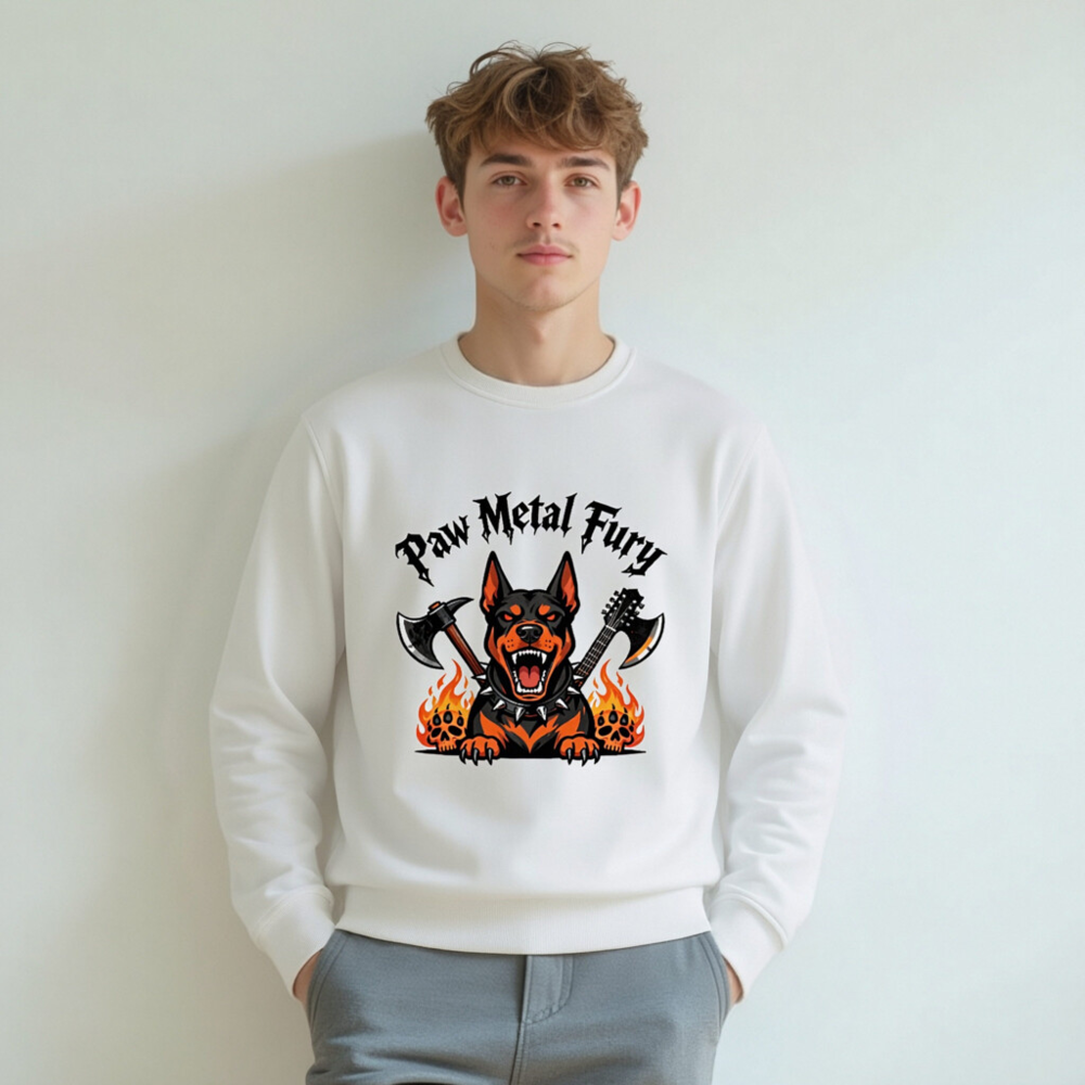 Paw Metal Fury Unisex Organic Sweatshirt - Black & Orange Doberman with Axes, Flames & Skulls - Image 7