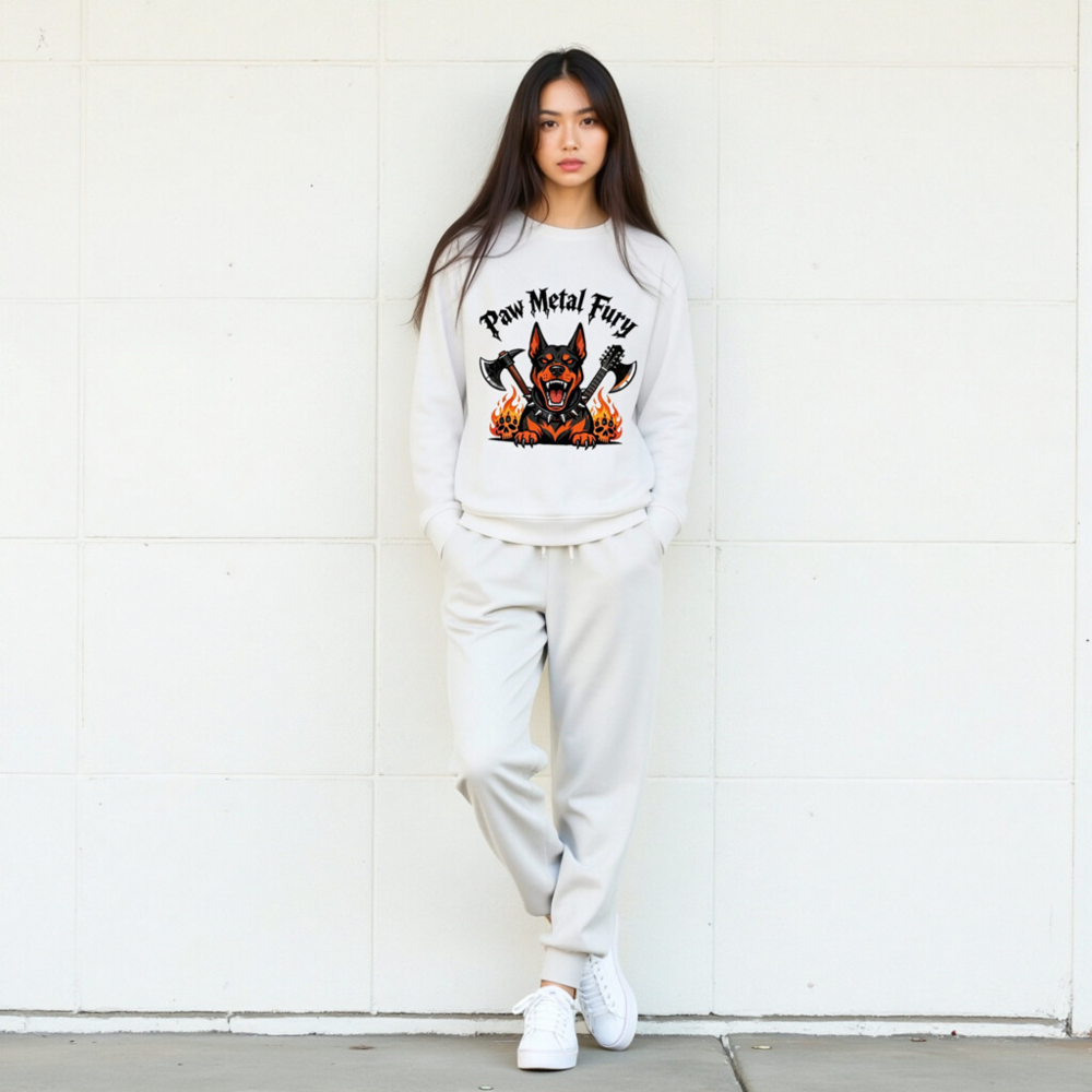 Paw Metal Fury Unisex Organic Sweatshirt - Black & Orange Doberman with Axes, Flames & Skulls - Image 8