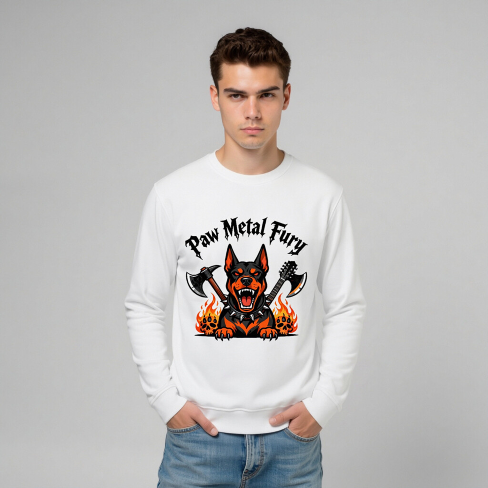 Paw Metal Fury Unisex Organic Sweatshirt - Black & Orange Doberman with Axes, Flames & Skulls - Image 9