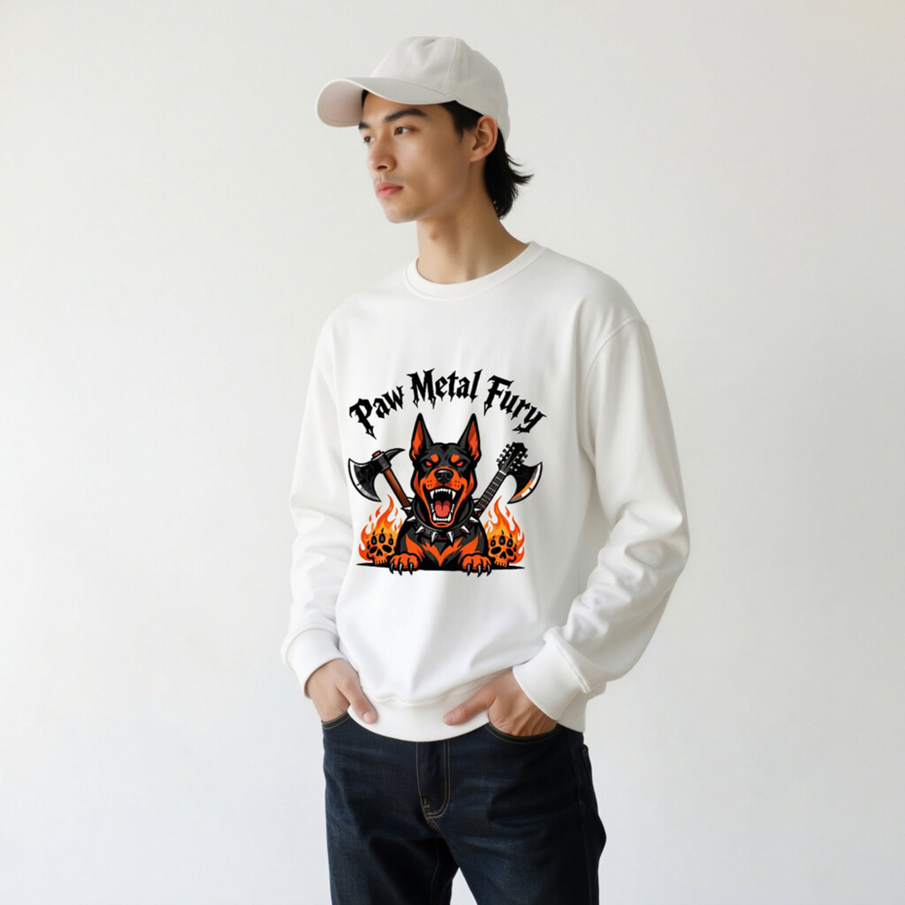 Paw Metal Fury Unisex Organic Sweatshirt - Black & Orange Doberman with Axes, Flames & Skulls - Image 11
