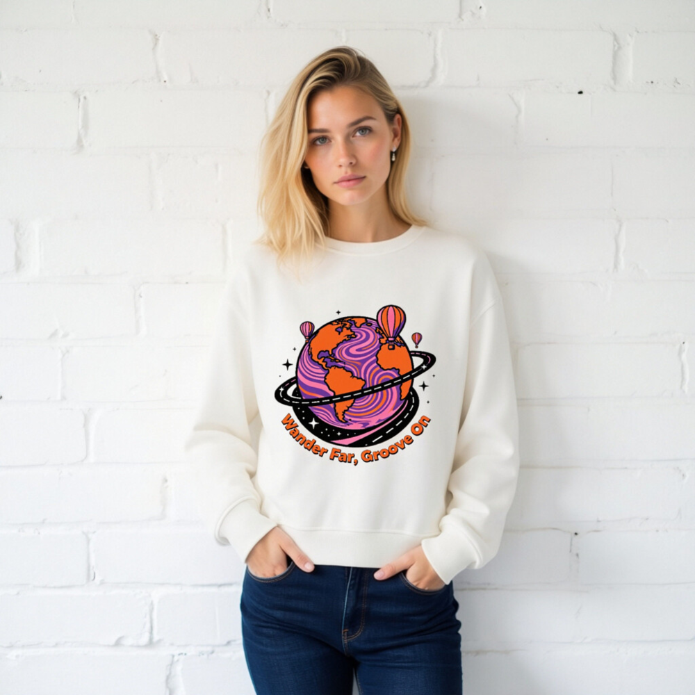 Unisex Organic Sweatshirt | Wander Far, Groove On Planet Design - Image 2