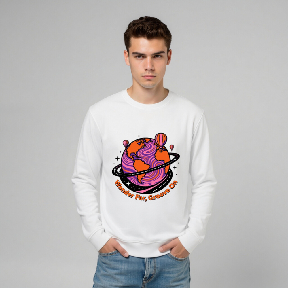 Unisex Organic Sweatshirt | Wander Far, Groove On Planet Design - Image 9