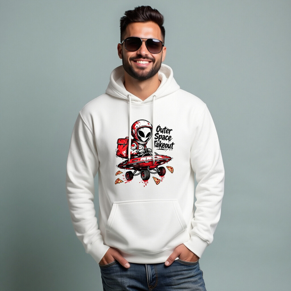 Outer Space Takeout Hoodie - Alien Pizza Delivery Unisex Pullover - Image 7
