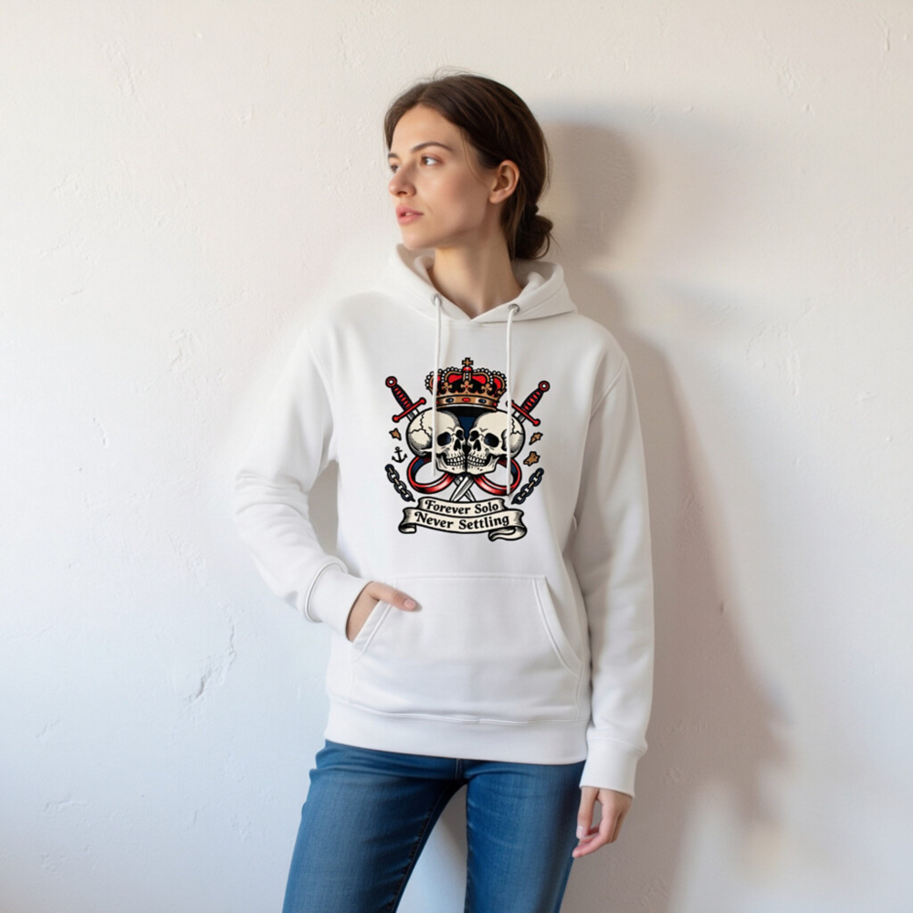 Unisex Premium Pullover Hoodie - Forever Solo Never Settling Skull Crown Sword Design - Image 6