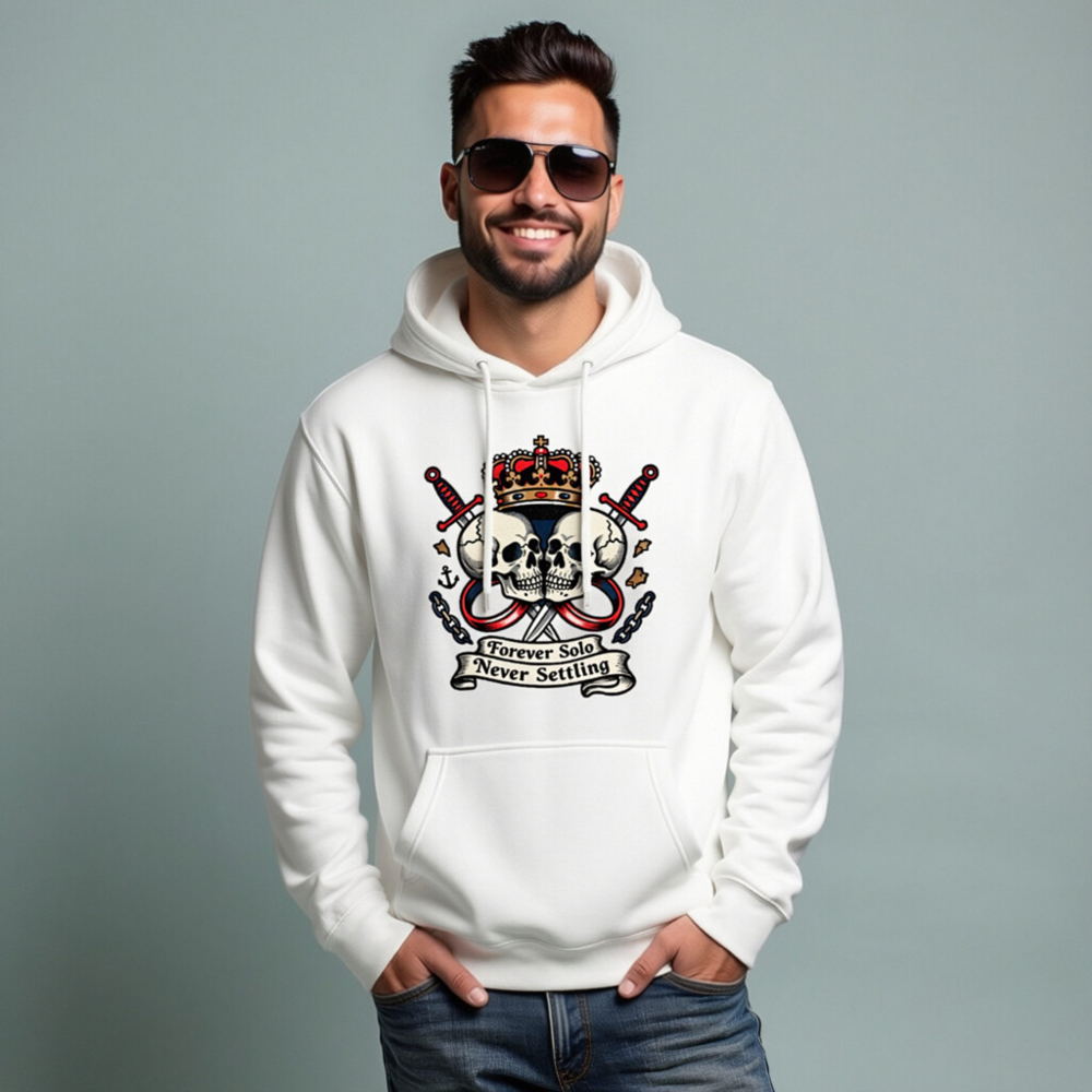 Unisex Premium Pullover Hoodie - Forever Solo Never Settling Skull Crown Sword Design - Image 7