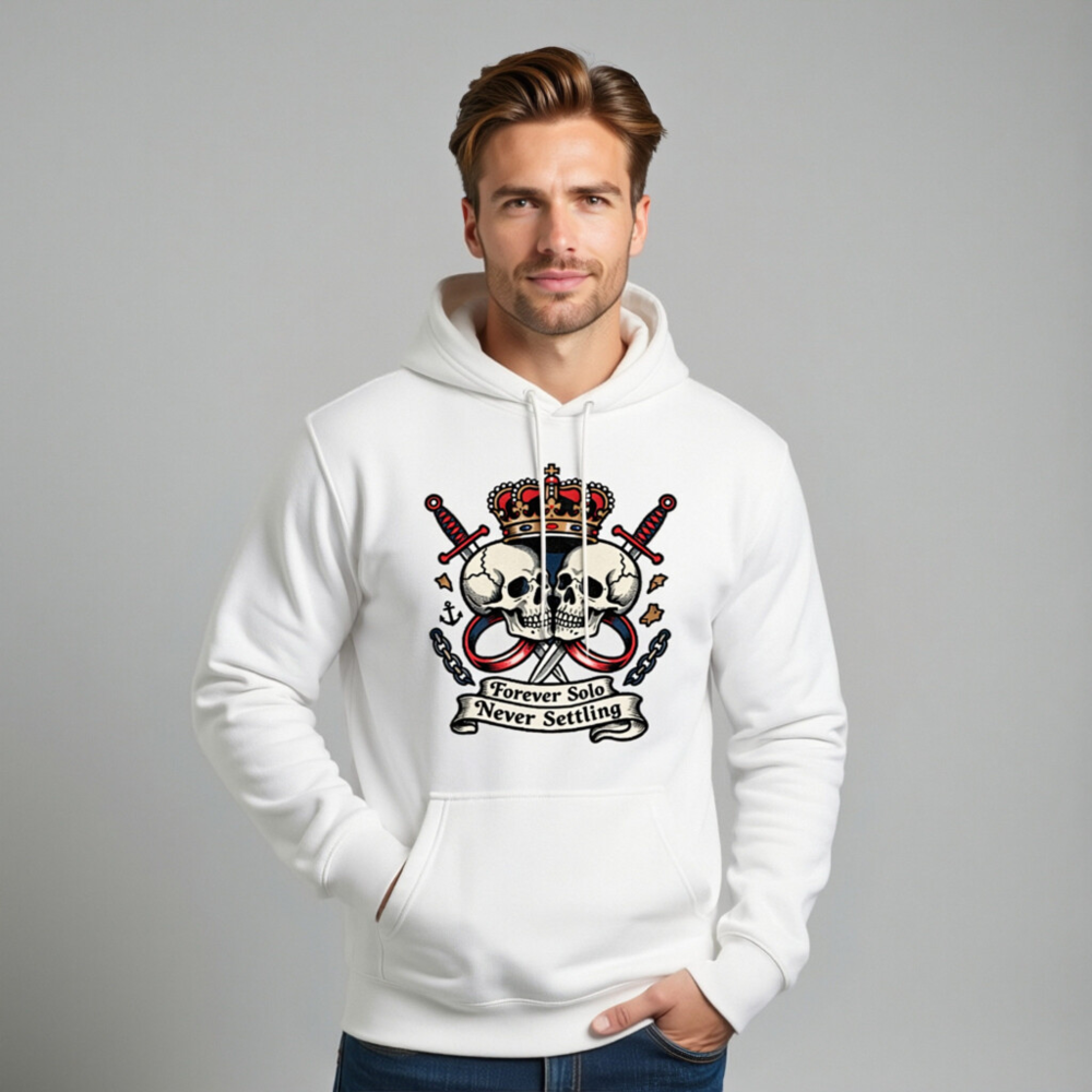 Unisex Premium Pullover Hoodie - Forever Solo Never Settling Skull Crown Sword Design - Image 11