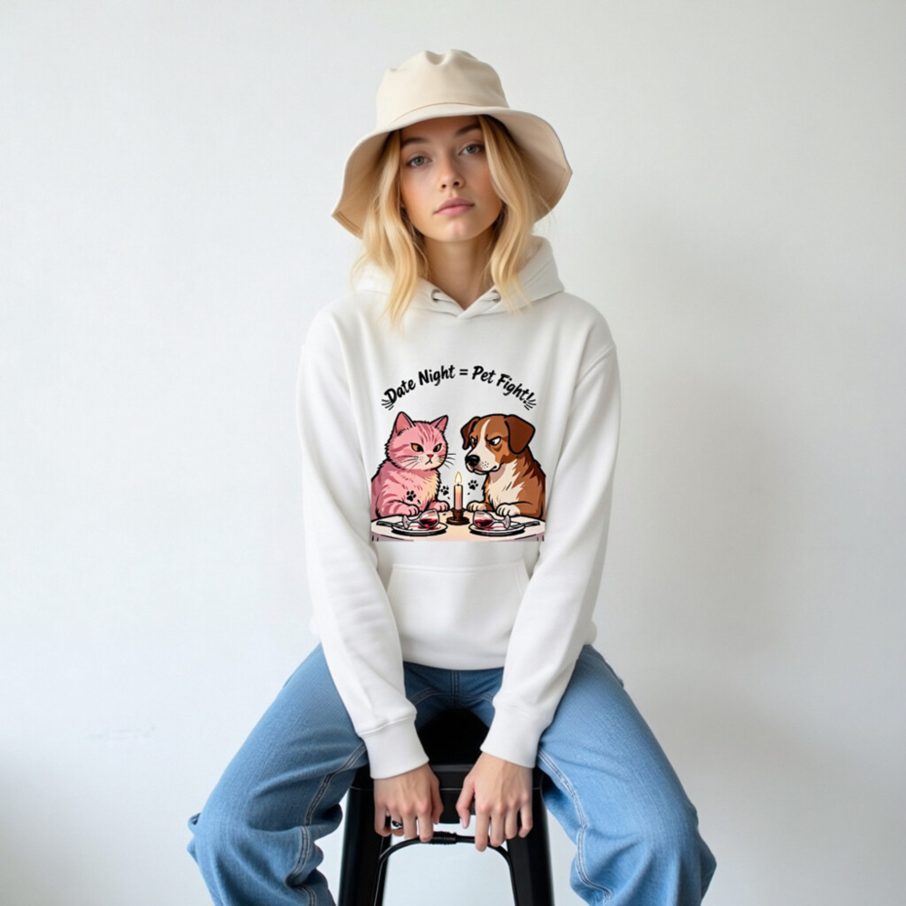 Unisex Premium Pullover Hoodie - 'Date Night = Pet Fight!' Cat & Dog Design - Image 5