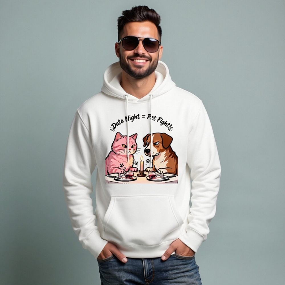Unisex Premium Pullover Hoodie - 'Date Night = Pet Fight!' Cat & Dog Design - Image 7