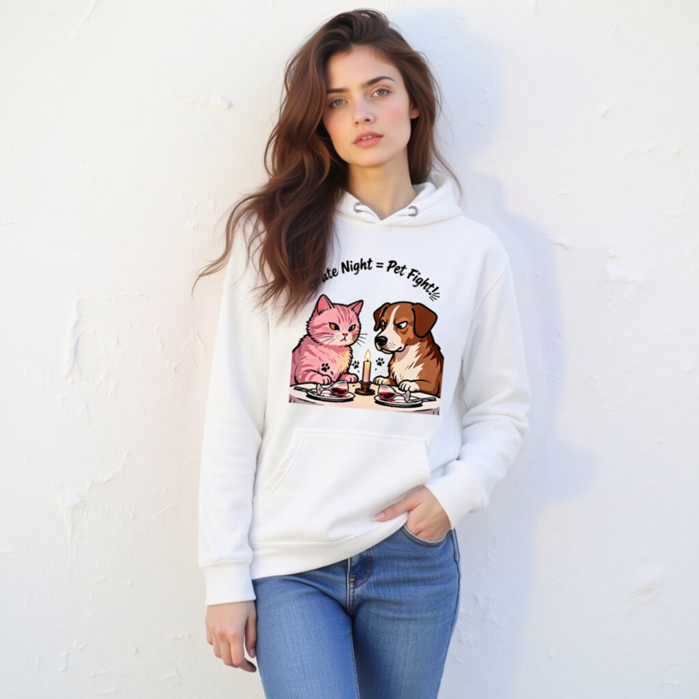 Unisex Premium Pullover Hoodie - 'Date Night = Pet Fight!' Cat & Dog Design - Image 9