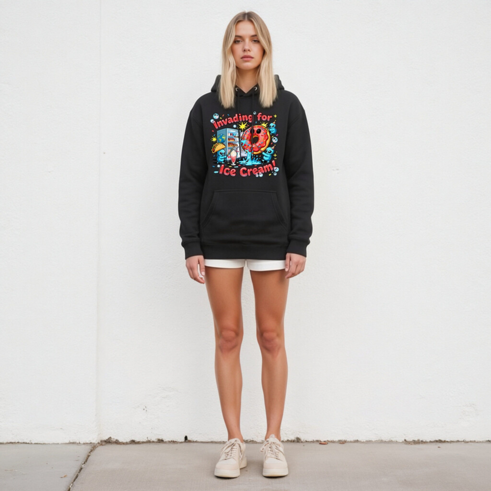 Unisex Premium Pullover Hoodie - Invading for Ice Cream! Donut & Alien Graphic - Image 4
