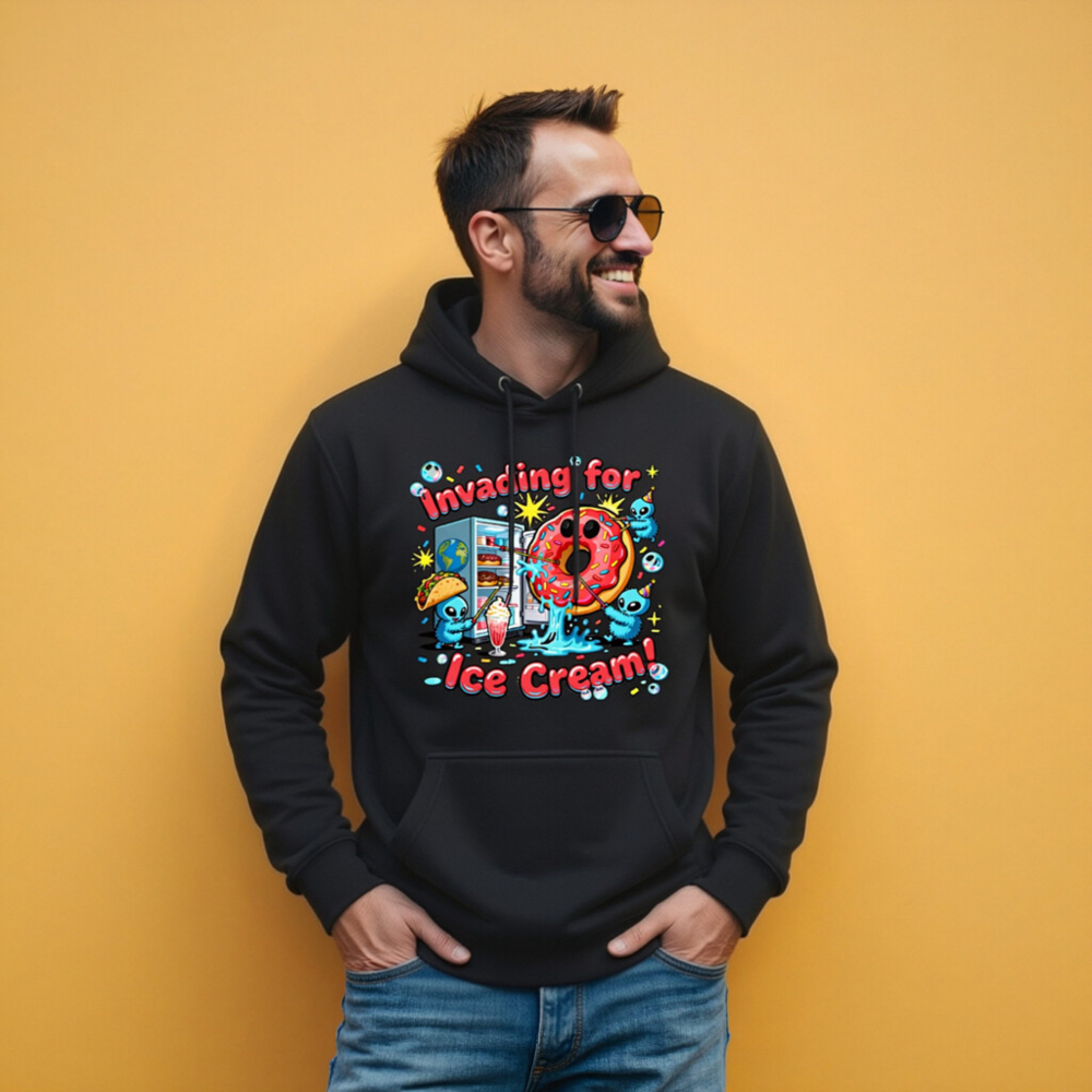 Unisex Premium Pullover Hoodie - Invading for Ice Cream! Donut & Alien Graphic - Image 9