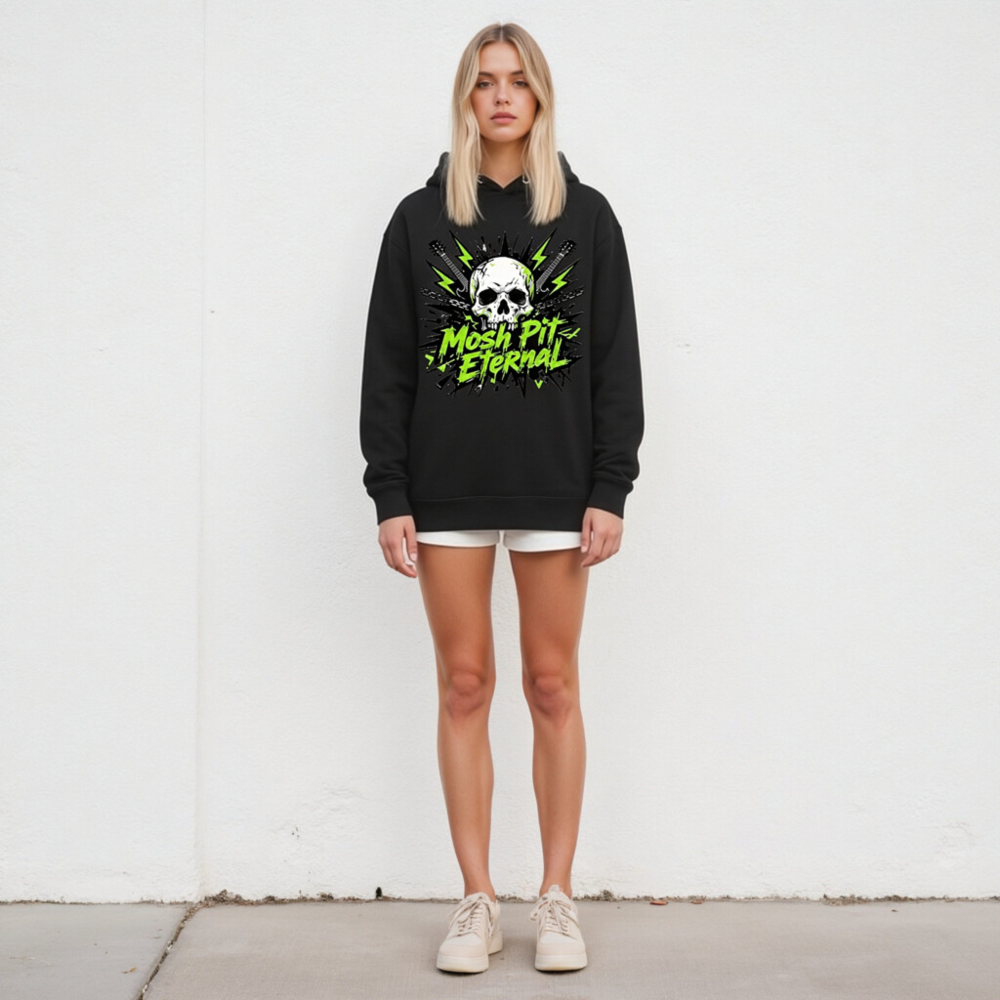 Mosh Pit Eternal Unisex Hoodie - Black Premium Pullover with Skull & Guitar Design - Image 4