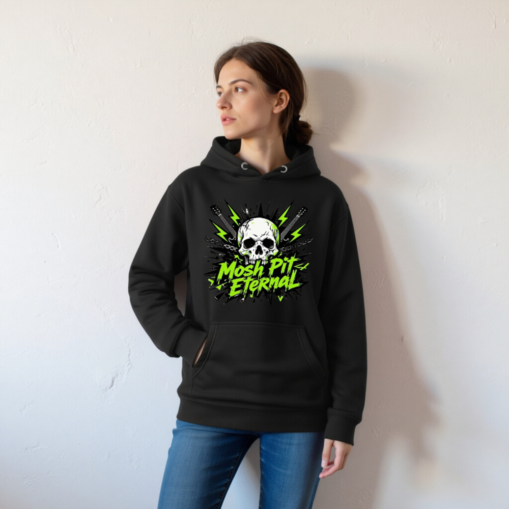 Mosh Pit Eternal Unisex Hoodie - Black Premium Pullover with Skull & Guitar Design - Image 5