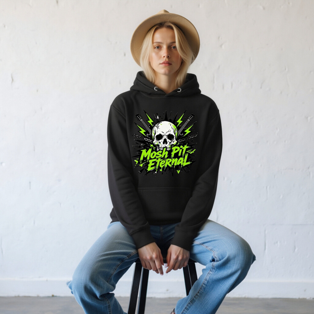 Mosh Pit Eternal Unisex Hoodie - Black Premium Pullover with Skull & Guitar Design - Image 6