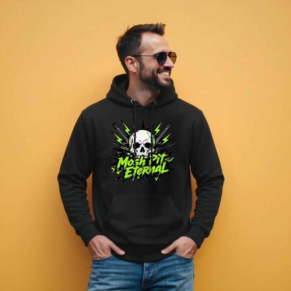 Mosh Pit Eternal Unisex Hoodie - Black Premium Pullover with Skull & Guitar Design - Image 9