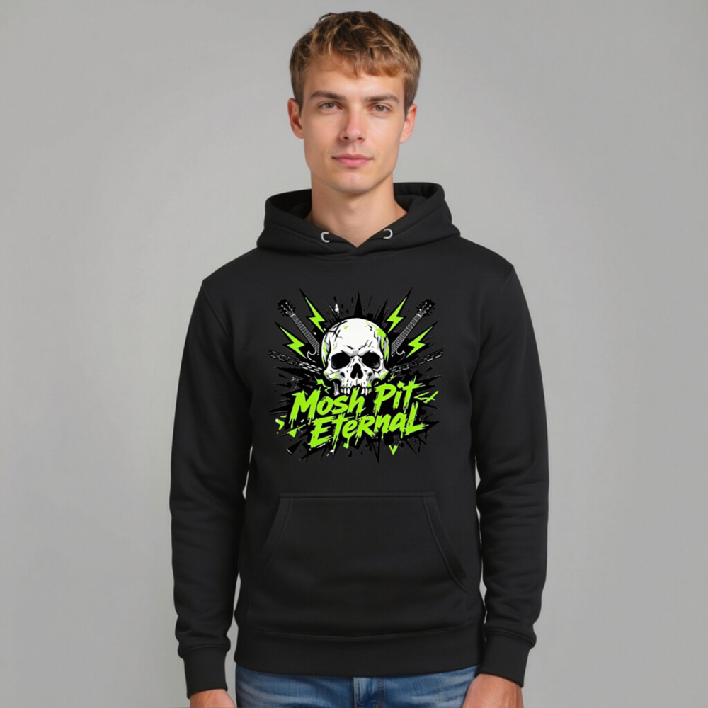 Mosh Pit Eternal Unisex Hoodie - Black Premium Pullover with Skull & Guitar Design - Image 10
