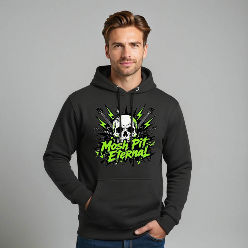 Mosh Pit Eternal Unisex Hoodie - Black Premium Pullover with Skull & Guitar Design - Image 11