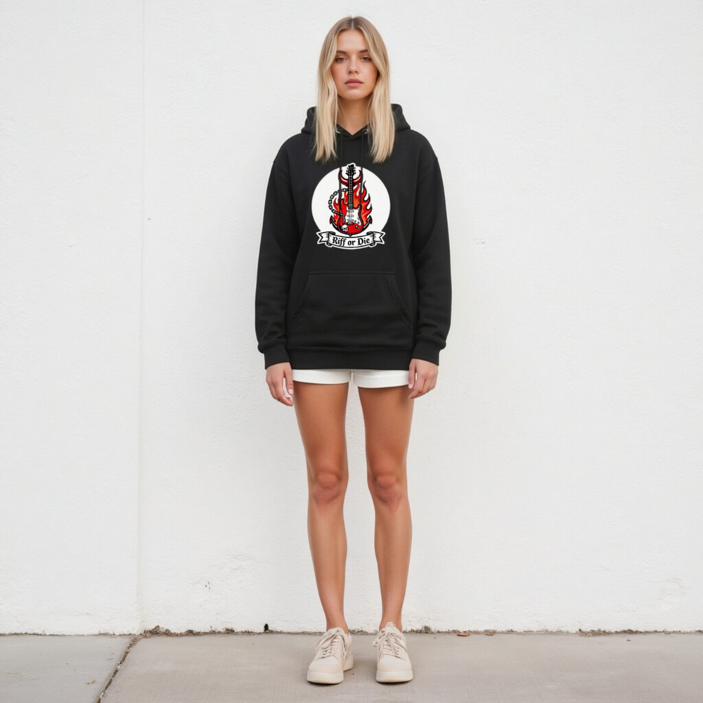 Unisex Riff or Die Electric Guitar Hoodie - Premium Pullover with Flame & Skull Design - Image 4