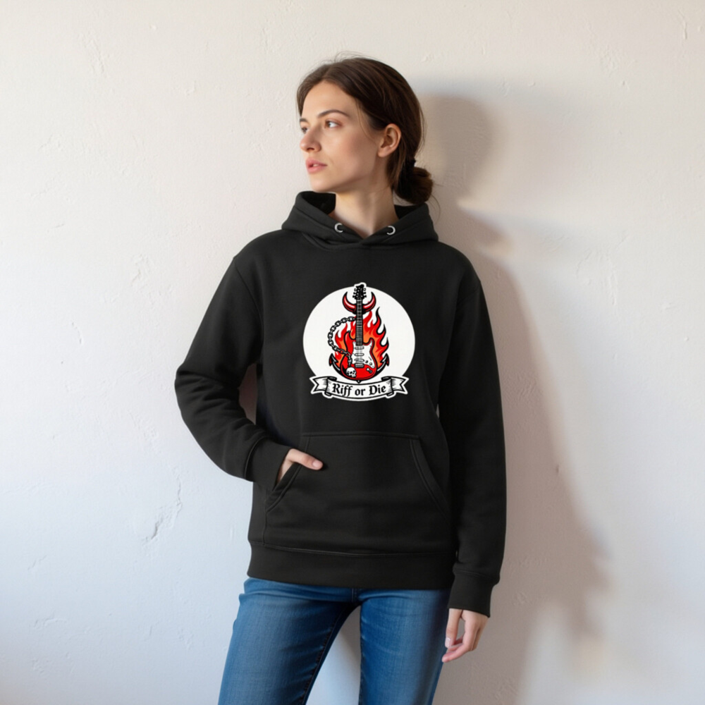 Unisex Riff or Die Electric Guitar Hoodie - Premium Pullover with Flame & Skull Design - Image 5