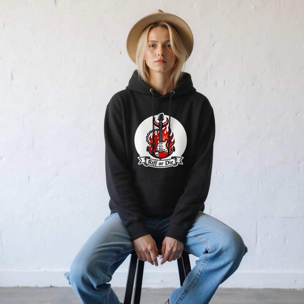 Unisex Riff or Die Electric Guitar Hoodie - Premium Pullover with Flame & Skull Design - Image 6