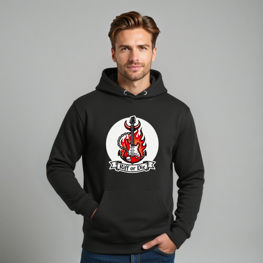 Unisex Riff or Die Electric Guitar Hoodie - Premium Pullover with Flame & Skull Design - Image 11