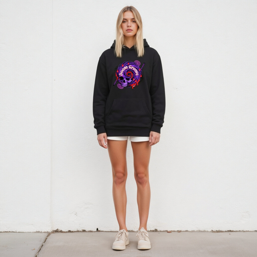 Doom Groove Skull Hoodie - Unisex Premium Pullover, Purple Spiral Design - Image 4