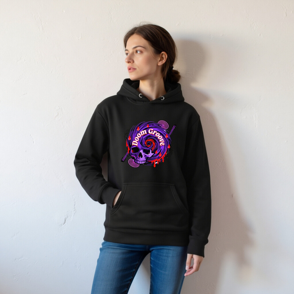 Doom Groove Skull Hoodie - Unisex Premium Pullover, Purple Spiral Design - Image 5
