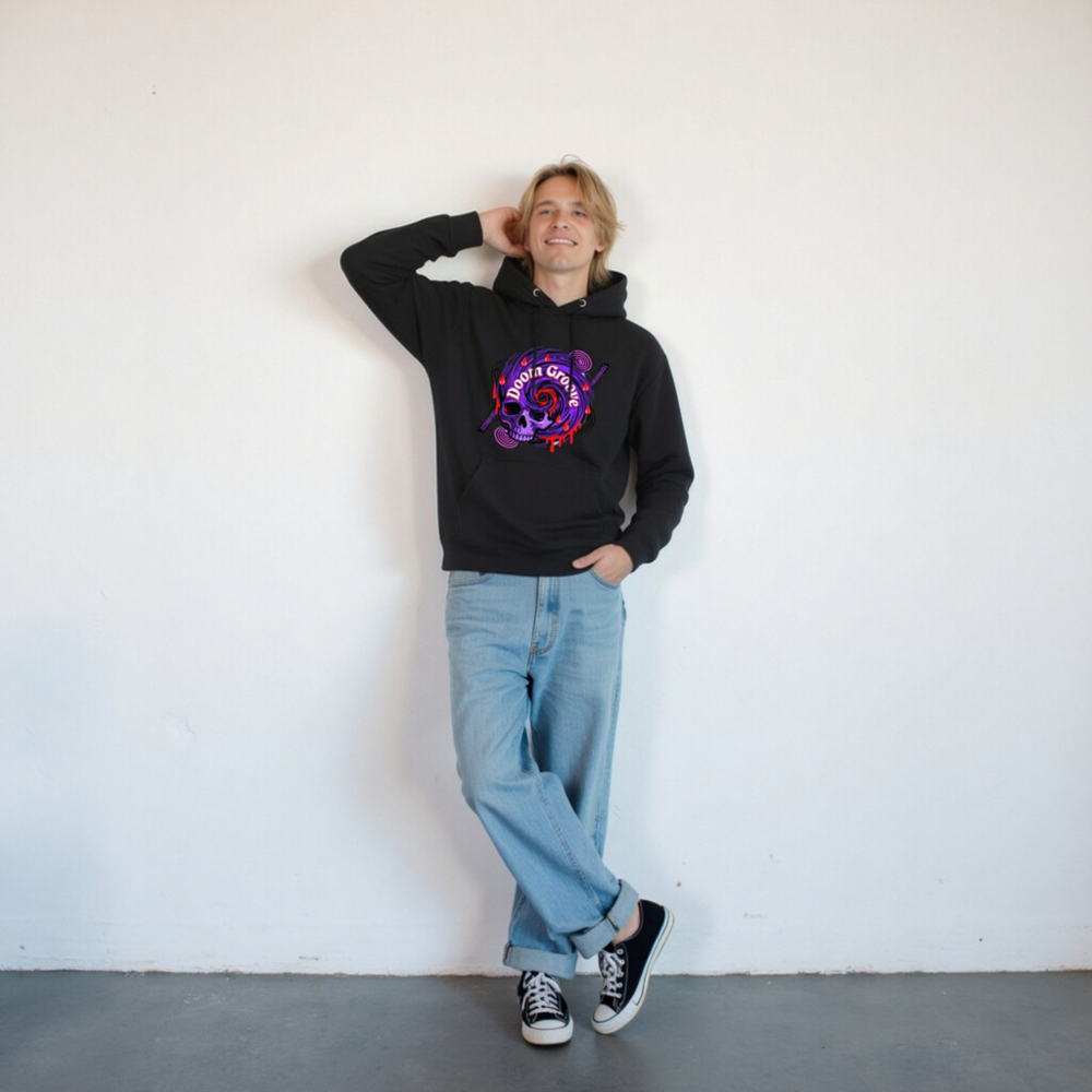 Doom Groove Skull Hoodie - Unisex Premium Pullover, Purple Spiral Design - Image 7