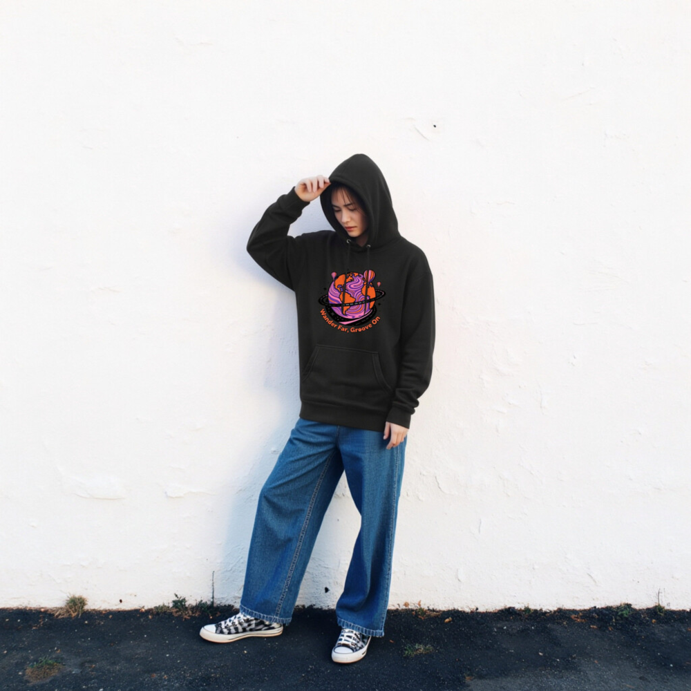 Unisex Premium Pullover Hoodie - Wander Far, Groove On Globe Design - Image 2