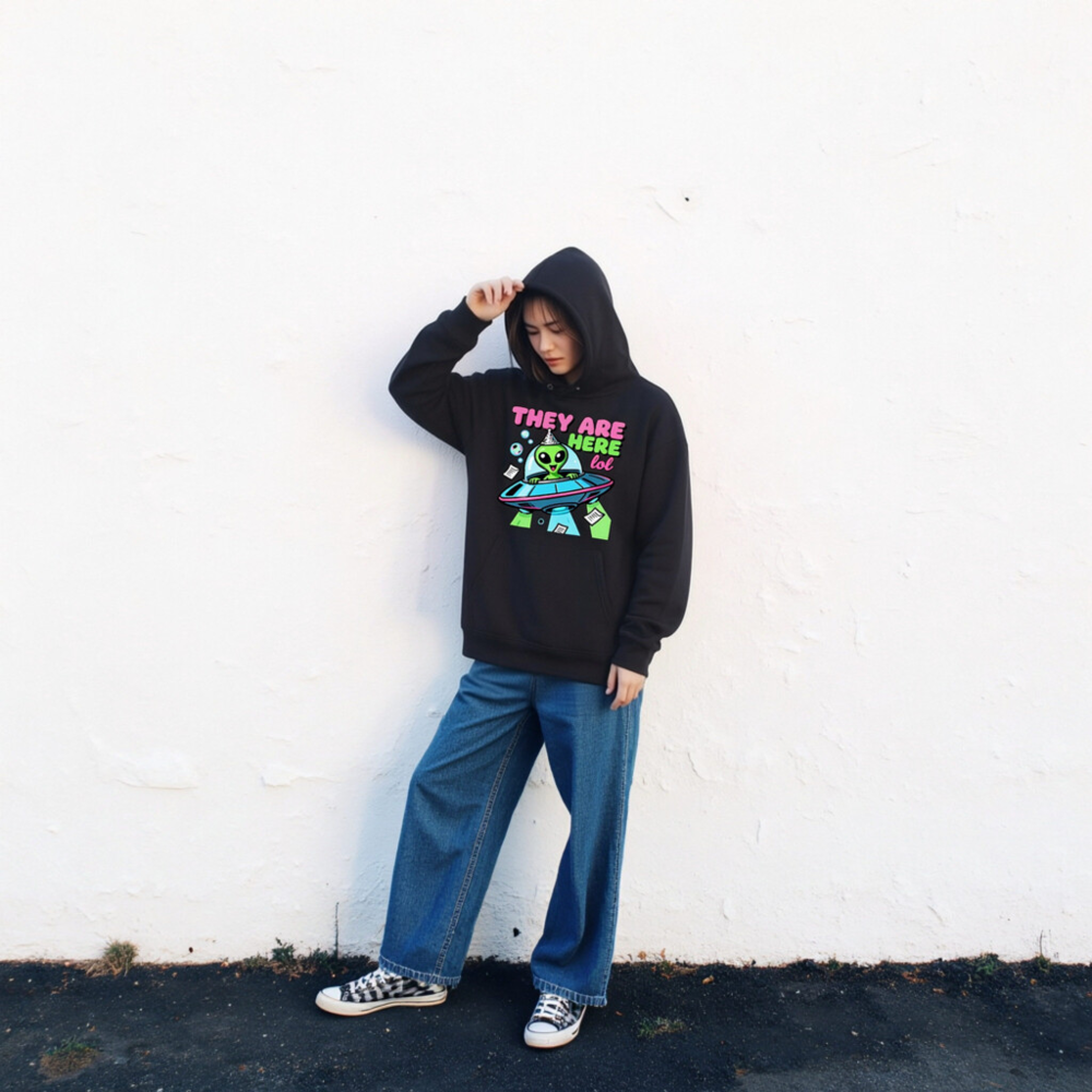Unisex Eco Hoodie - Alien UFO Design, 'They Are Here lol' Funny Space Sweatshirt - Image 2
