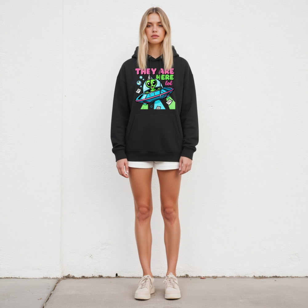 Unisex Eco Hoodie - Alien UFO Design, 'They Are Here lol' Funny Space Sweatshirt - Image 4