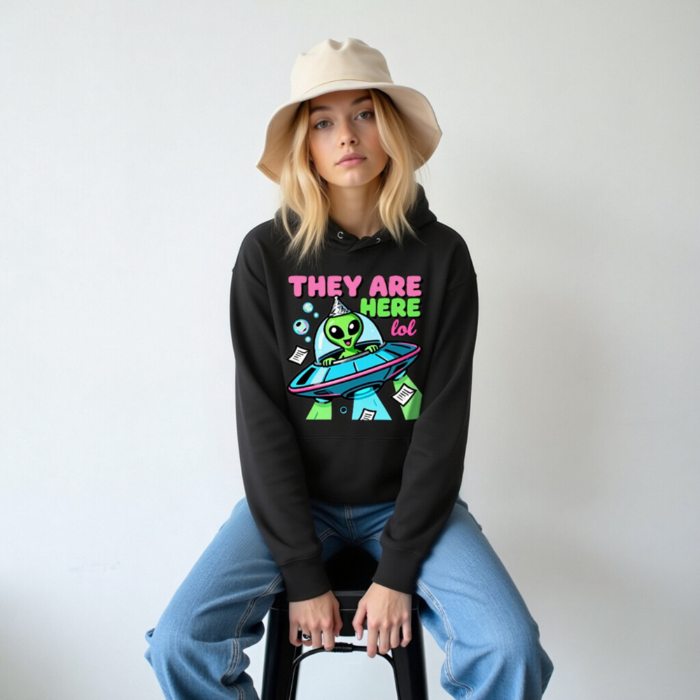 Unisex Eco Hoodie - Alien UFO Design, 'They Are Here lol' Funny Space Sweatshirt - Image 5