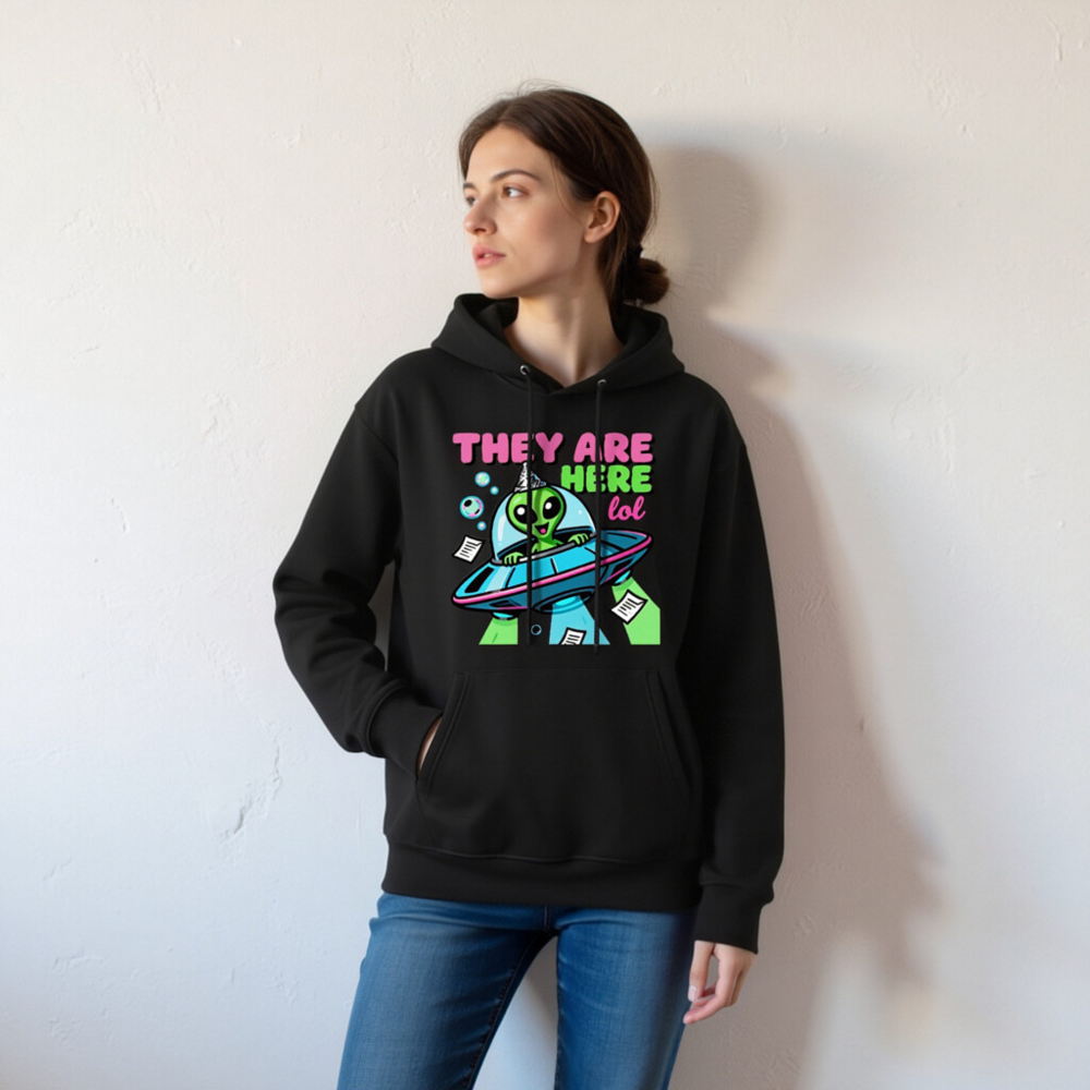 Unisex Eco Hoodie - Alien UFO Design, 'They Are Here lol' Funny Space Sweatshirt - Image 6