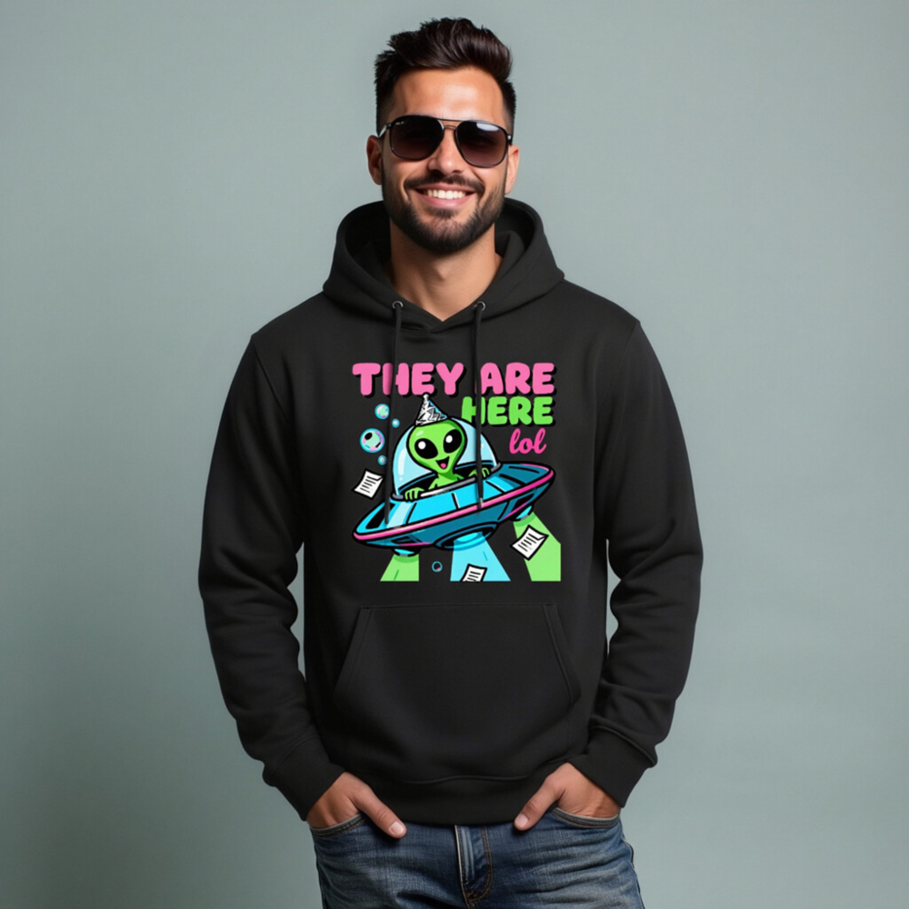 Unisex Eco Hoodie - Alien UFO Design, 'They Are Here lol' Funny Space Sweatshirt - Image 7