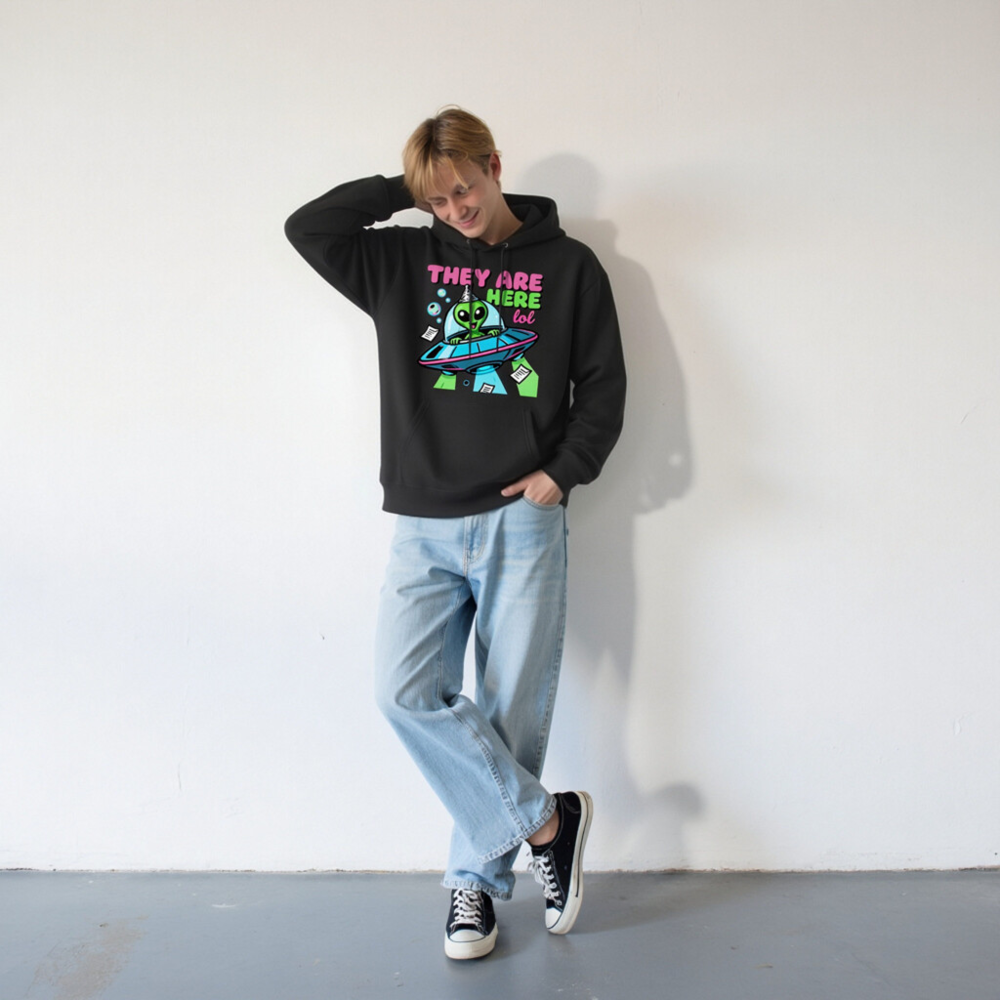 Unisex Eco Hoodie - Alien UFO Design, 'They Are Here lol' Funny Space Sweatshirt - Image 8