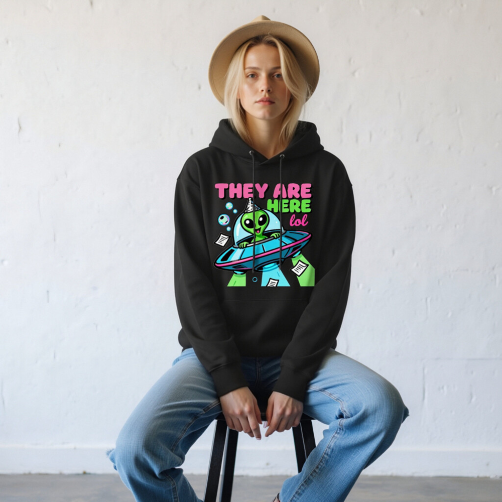 Unisex Eco Hoodie - Alien UFO Design, 'They Are Here lol' Funny Space Sweatshirt - Image 9