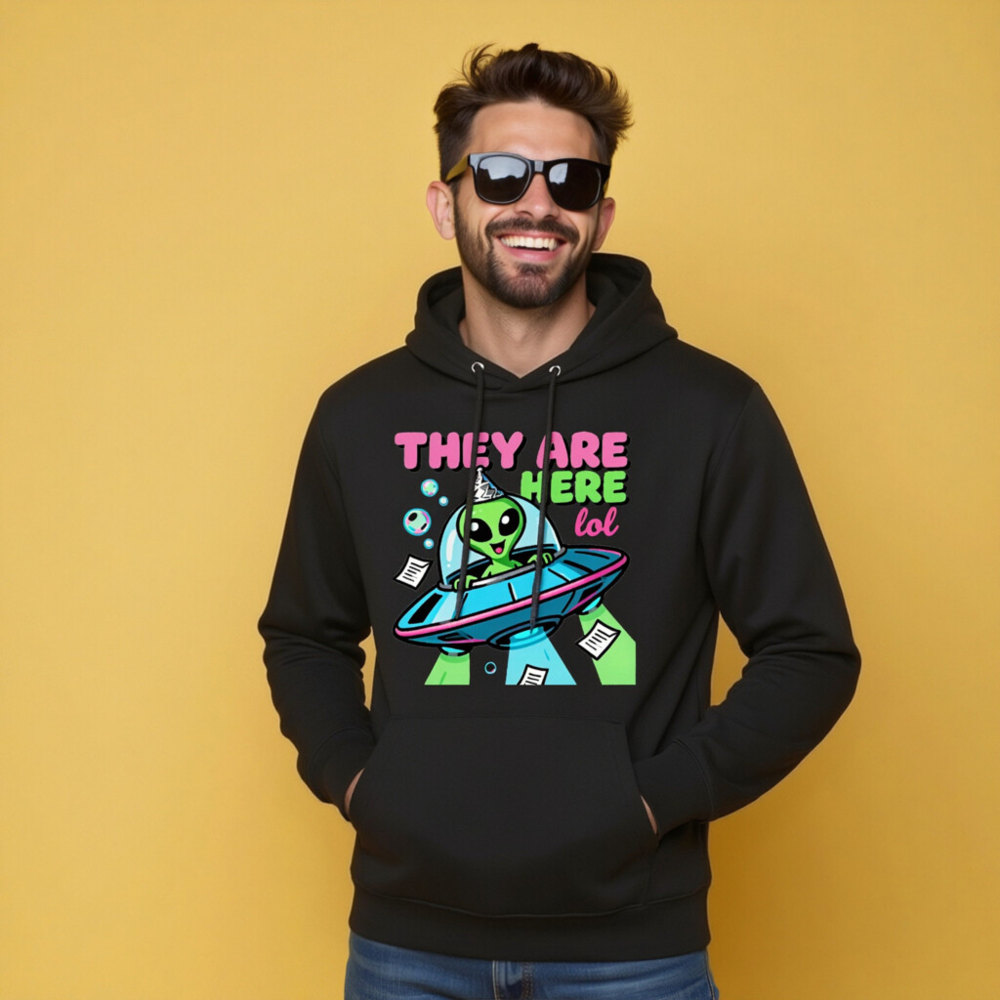 Unisex Eco Hoodie - Alien UFO Design, 'They Are Here lol' Funny Space Sweatshirt - Image 10