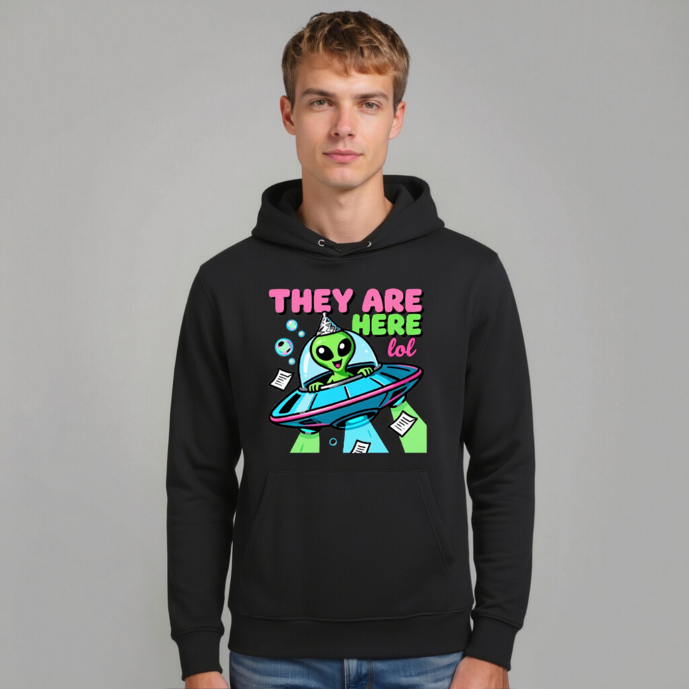 Unisex Eco Hoodie - Alien UFO Design, 'They Are Here lol' Funny Space Sweatshirt - Image 11