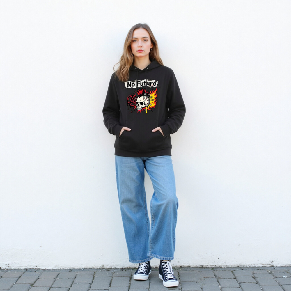No Future Punk Hoodie - Unisex Eco-Friendly Essential Hoodie with Skull & Anarchy Design - Image 3