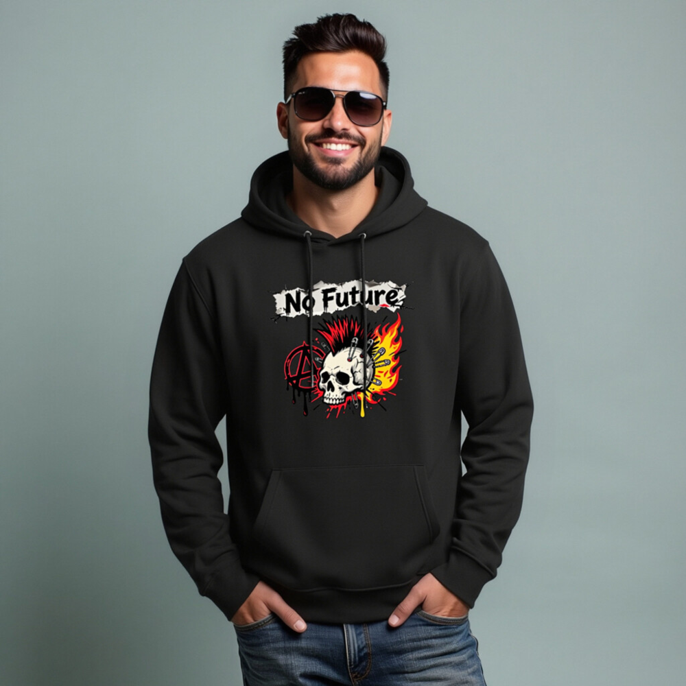 No Future Punk Hoodie - Unisex Eco-Friendly Essential Hoodie with Skull & Anarchy Design - Image 7