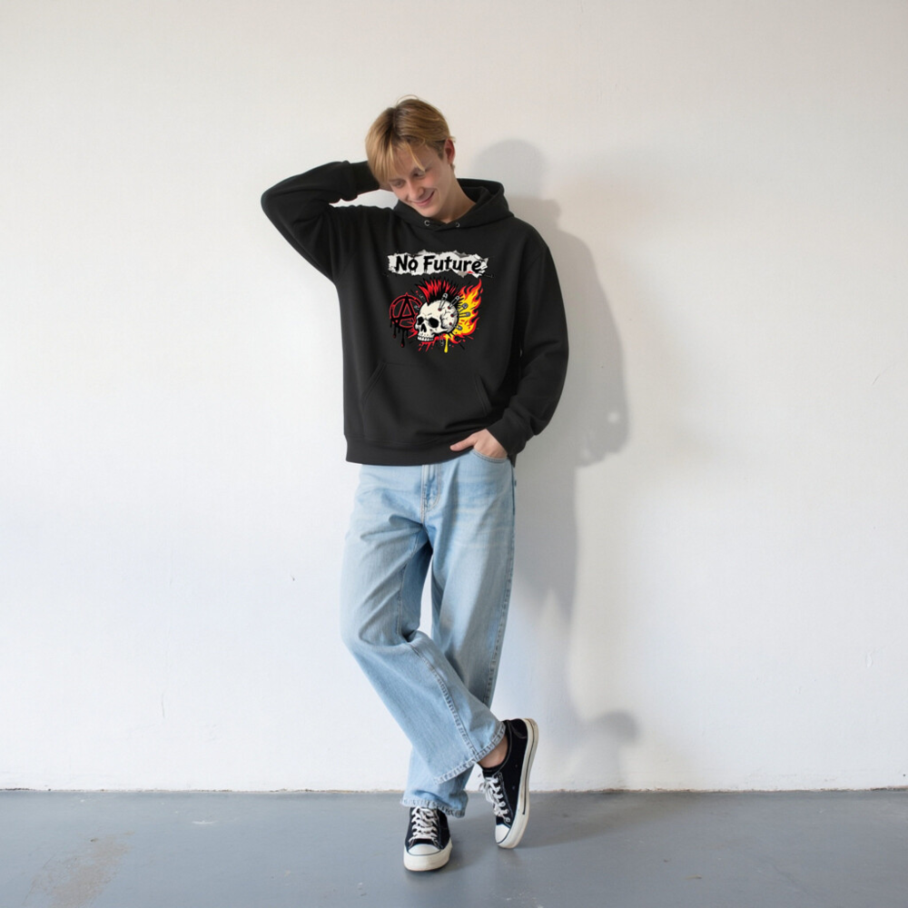 No Future Punk Hoodie - Unisex Eco-Friendly Essential Hoodie with Skull & Anarchy Design - Image 8