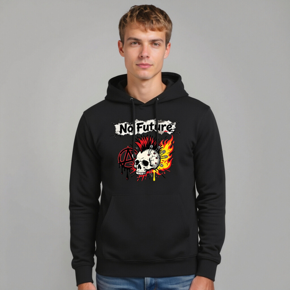 No Future Punk Hoodie - Unisex Eco-Friendly Essential Hoodie with Skull & Anarchy Design - Image 11
