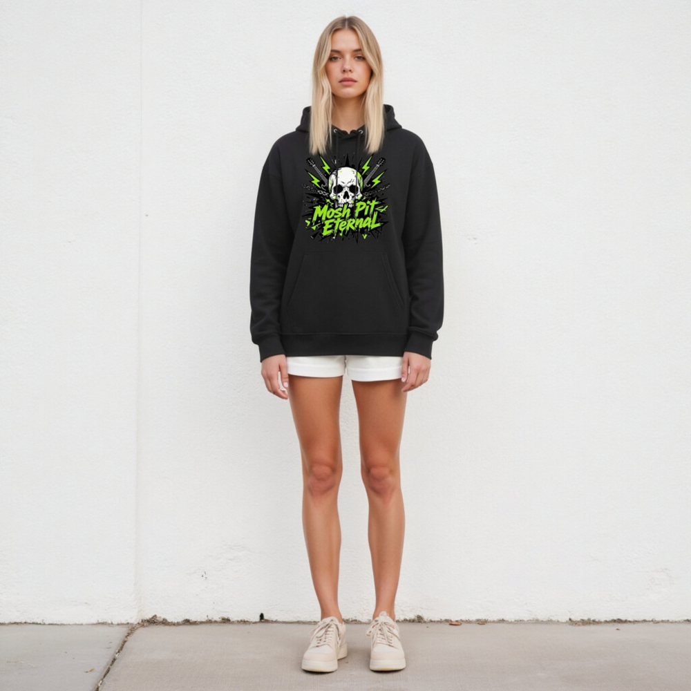 Mosh Pit Eternal Unisex Eco Hoodie - Black with Skull & Guitar Design - Image 4