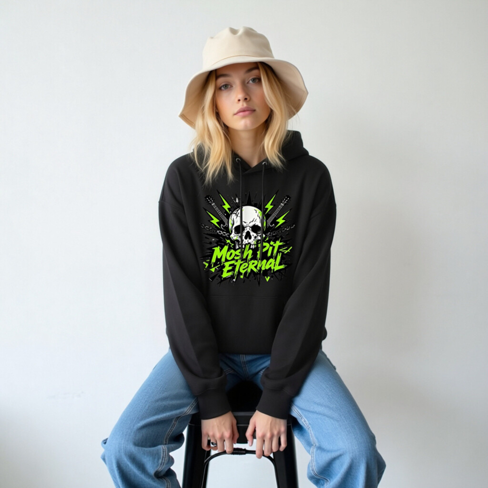 Mosh Pit Eternal Unisex Eco Hoodie - Black with Skull & Guitar Design - Image 5
