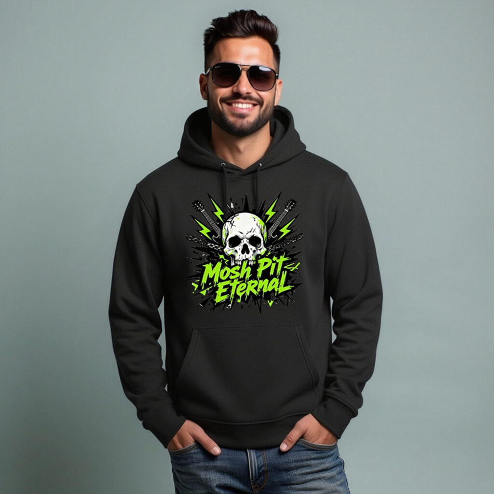 Mosh Pit Eternal Unisex Eco Hoodie - Black with Skull & Guitar Design - Image 7