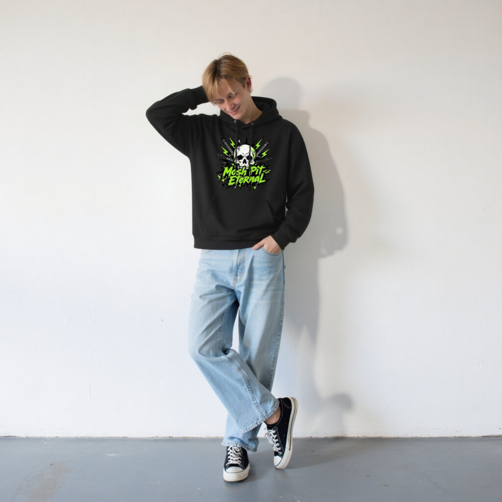 Mosh Pit Eternal Unisex Eco Hoodie - Black with Skull & Guitar Design - Image 8