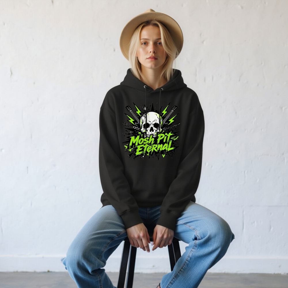 Mosh Pit Eternal Unisex Eco Hoodie - Black with Skull & Guitar Design - Image 9