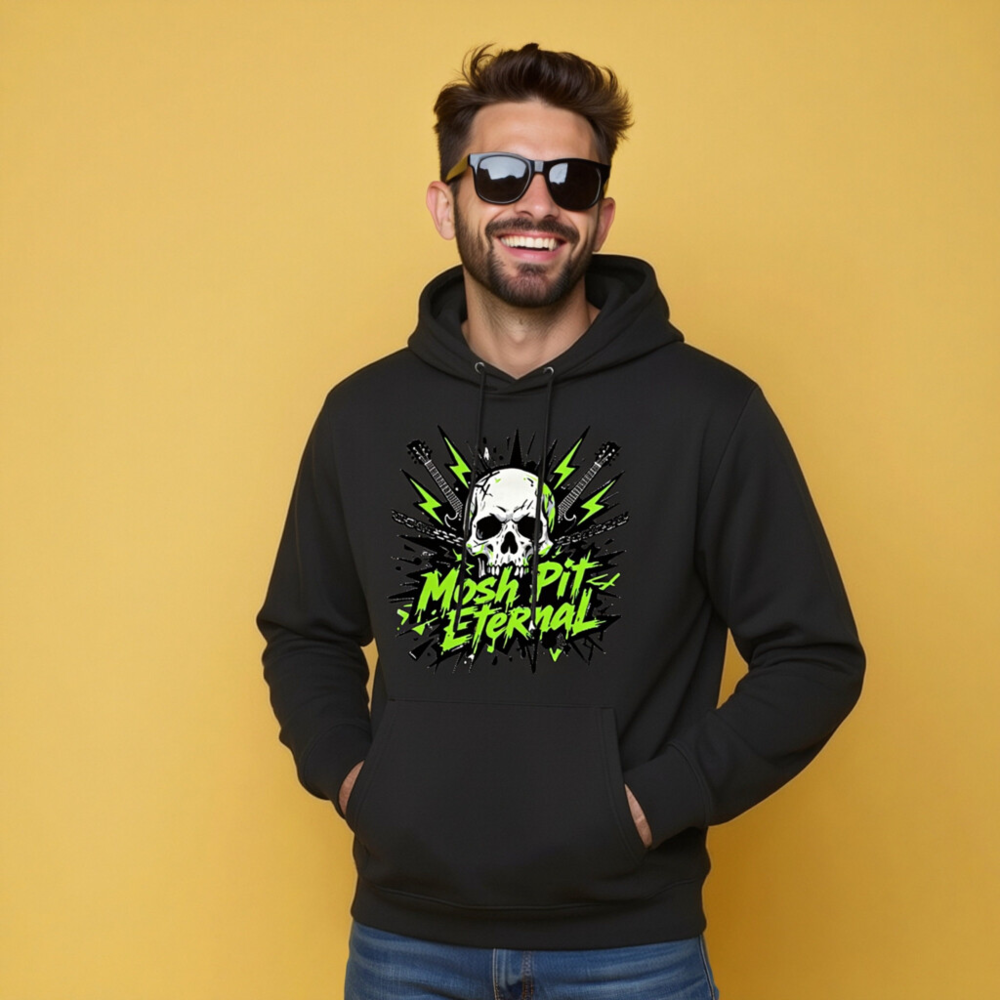Mosh Pit Eternal Unisex Eco Hoodie - Black with Skull & Guitar Design - Image 10