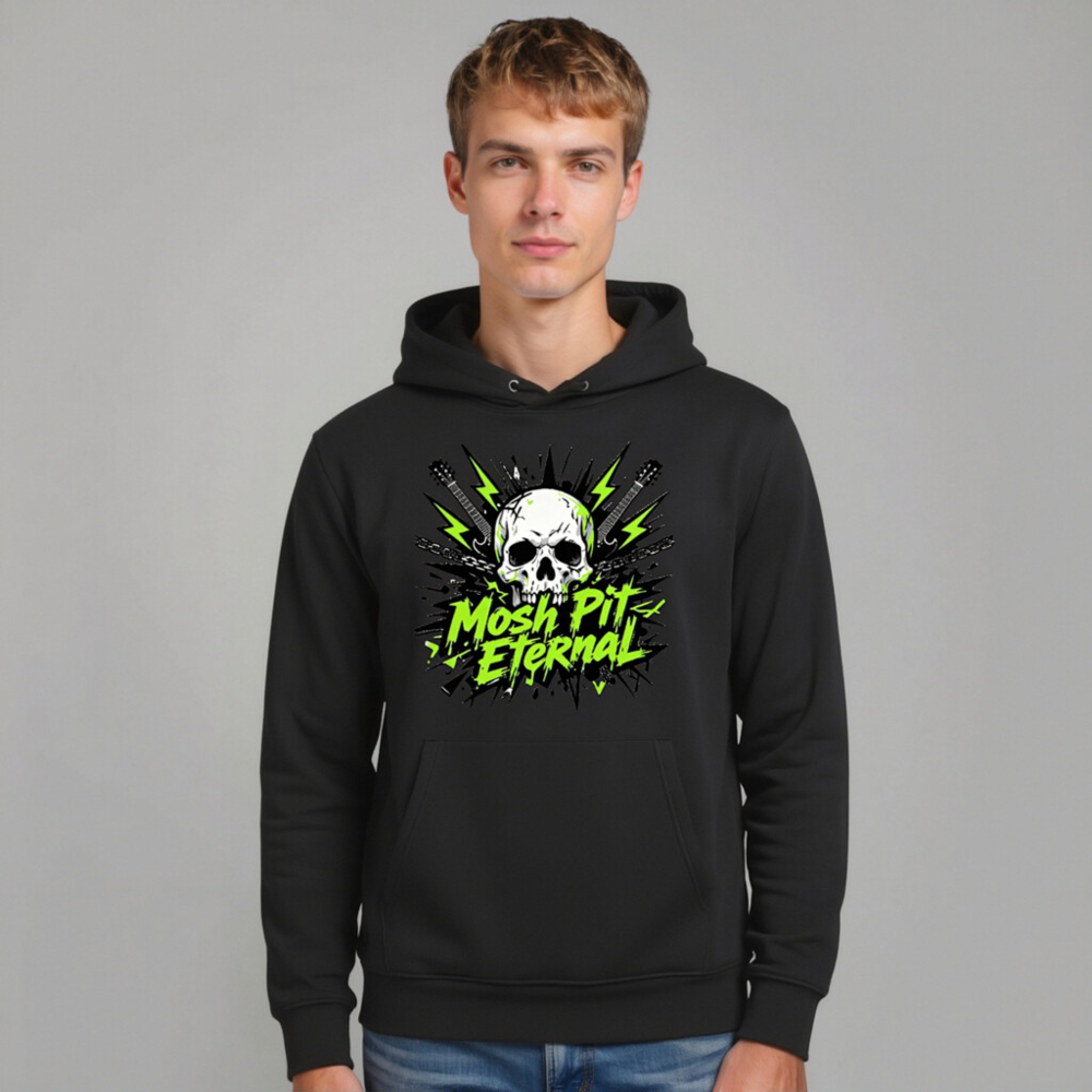 Mosh Pit Eternal Unisex Eco Hoodie - Black with Skull & Guitar Design - Image 11